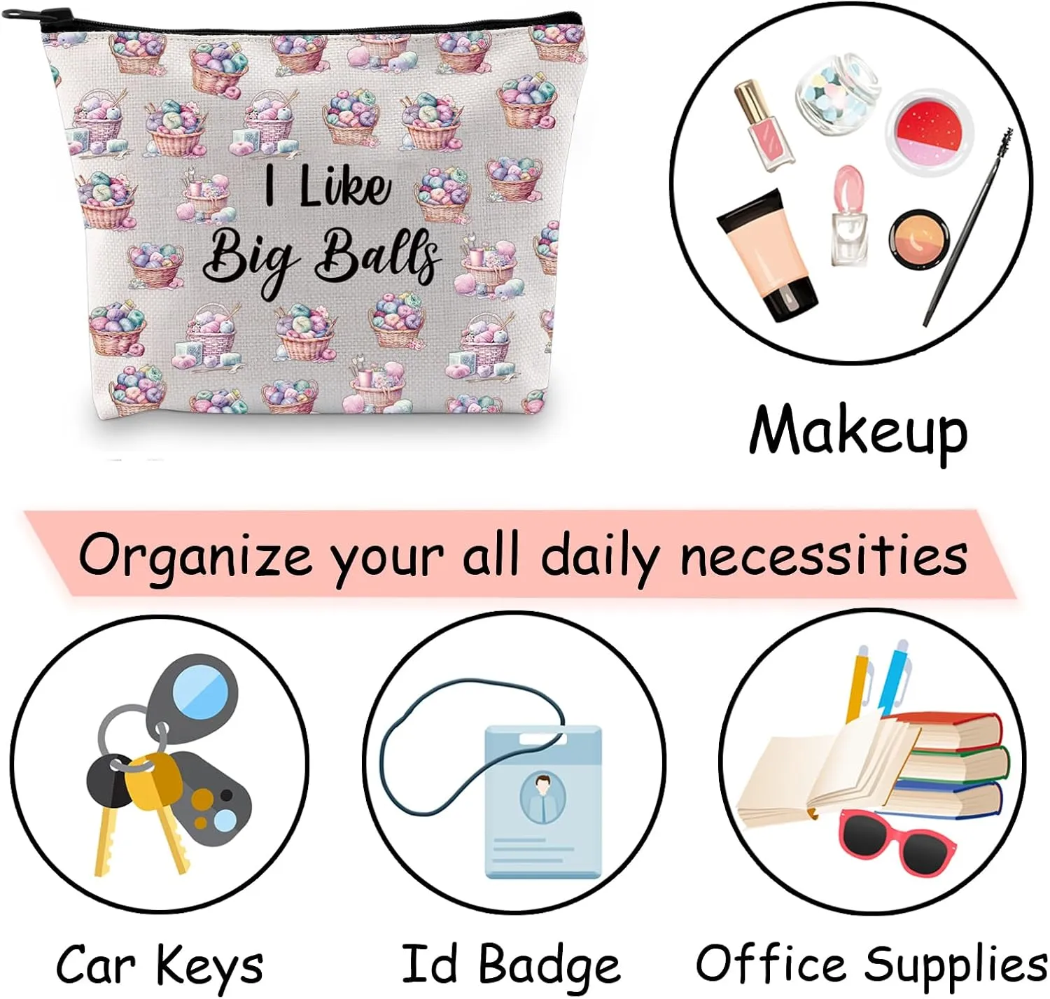JXGZSO Crochet Supplies Knitting Project Bag - I Like Big Balls Make Up Bag - Funny Knitting Gift for Knitter