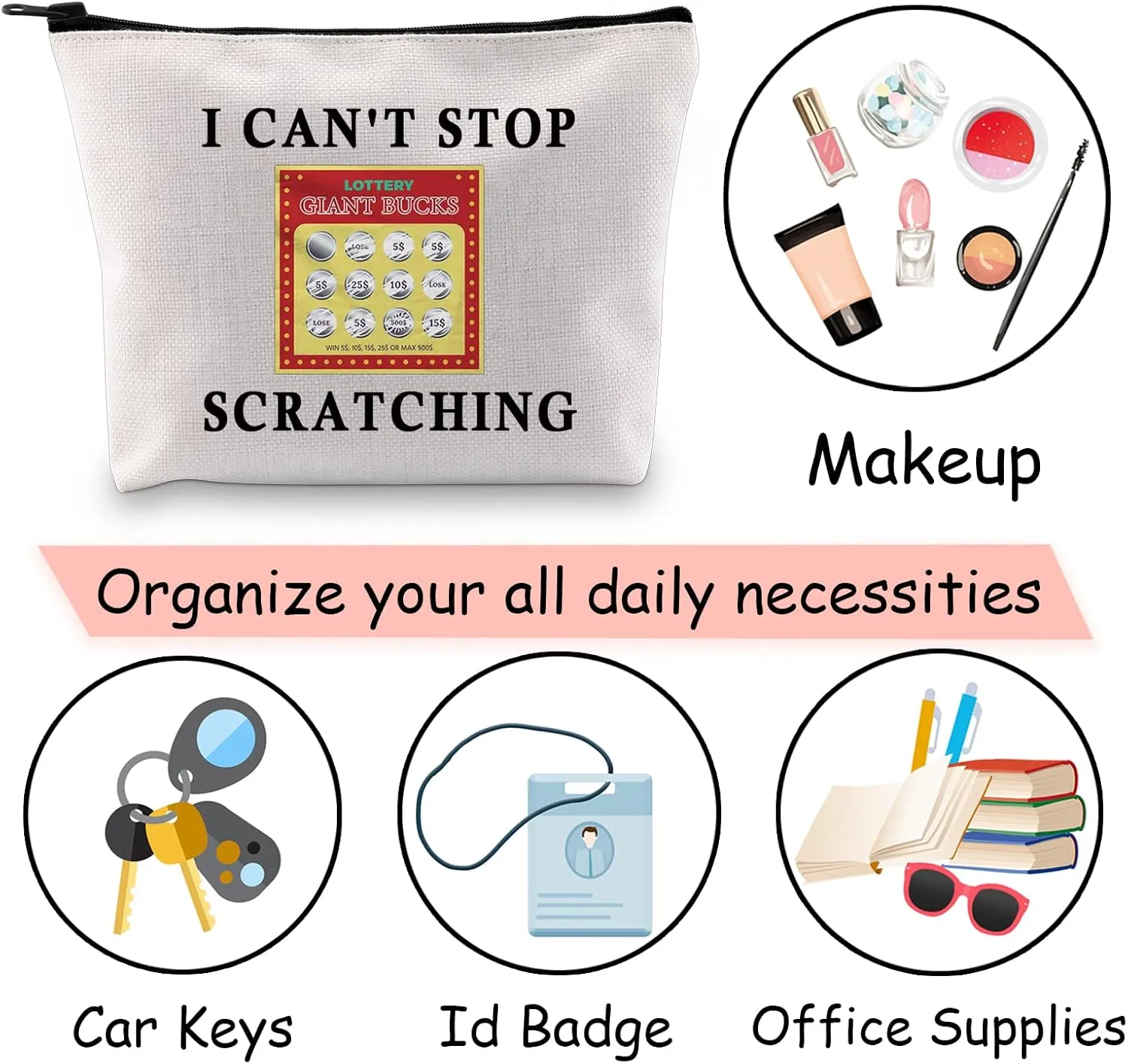 JXGZSO Funny Lucky Scratch Tickets Makeup Bag I Can't Stop Scratching Lotto ticket Cosmetic Bag Scratching Game Gift For Women OCD (Lotto ticket)