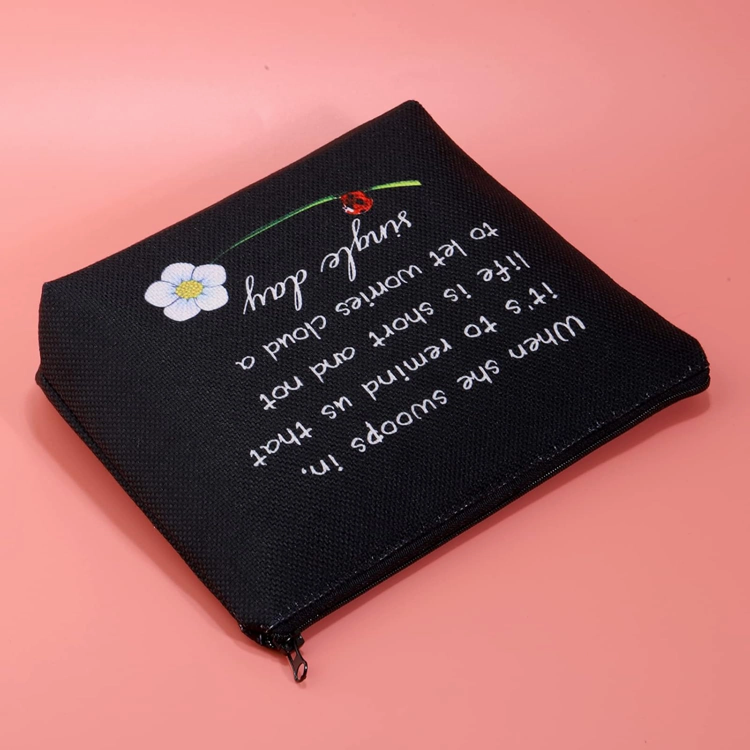 JXGZSO Good Luck Ladybug Makeup Bag With Zipper Gifts For Women When She Swoops In It's To Remind Us Not To Let Worries Cloud A Single Day Cosmetic Bag (Ladybug black)