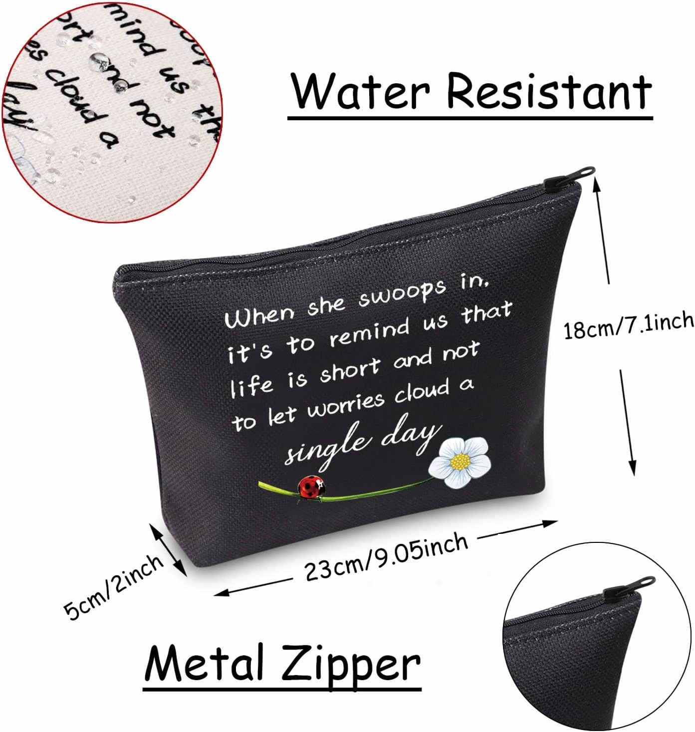 JXGZSO Good Luck Ladybug Makeup Bag With Zipper Gifts For Women When She Swoops In It's To Remind Us Not To Let Worries Cloud A Single Day Cosmetic Bag (Ladybug black)