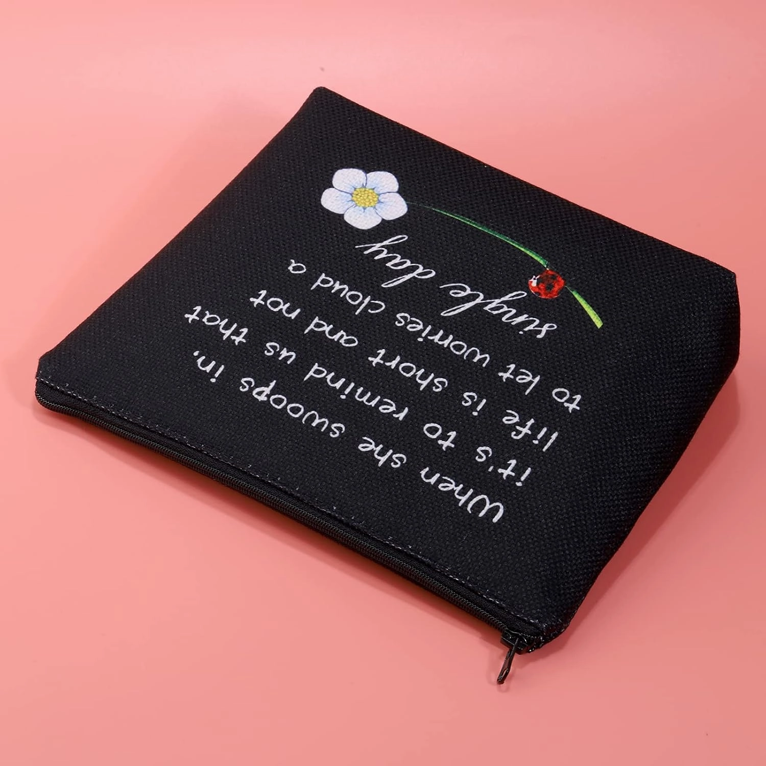 JXGZSO Good Luck Ladybug Makeup Bag With Zipper Gifts For Women When She Swoops In It's To Remind Us Not To Let Worries Cloud A Single Day Cosmetic Bag (Ladybug black)