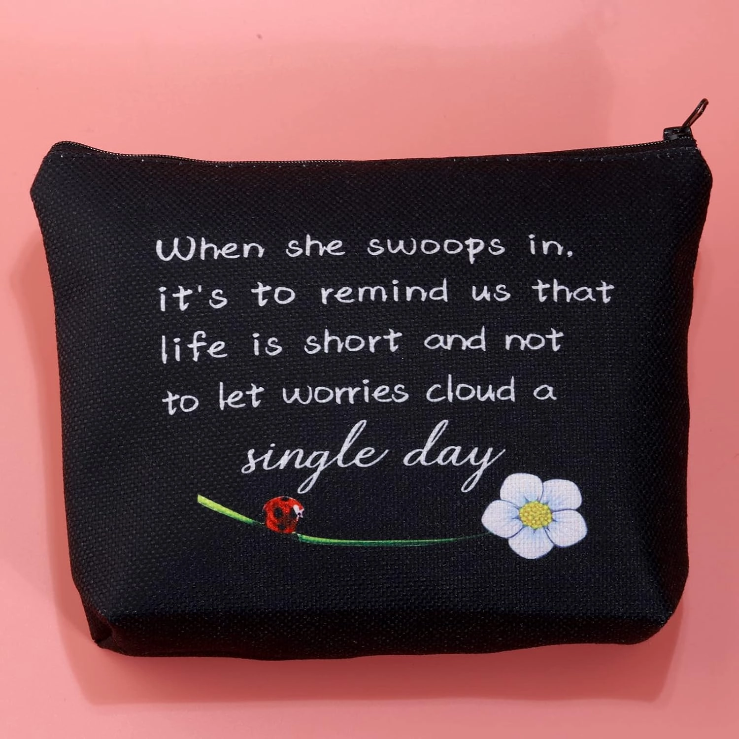 JXGZSO Good Luck Ladybug Makeup Bag With Zipper Gifts For Women When She Swoops In It's To Remind Us Not To Let Worries Cloud A Single Day Cosmetic Bag (Ladybug black)