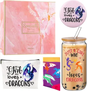 Kacctyen 5 Pcs Dragon Gift for Girls Set 18 oz Dragon Glass Cup Tumbler with Lid Makeup Bag Cosmetic Travel Pouch Cosmetic Bag Pocket Mirror Sock for Woman Animal Lover Birthday Gift Who Loves Dragons