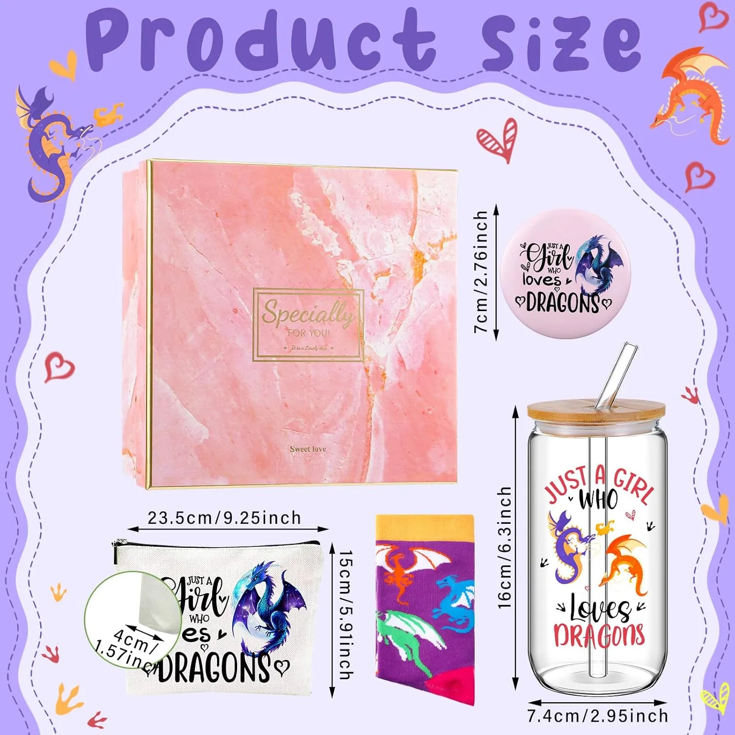 Kacctyen 5 Pcs Dragon Gift for Girls Set 18 oz Dragon Glass Cup Tumbler with Lid Makeup Bag Cosmetic Travel Pouch Cosmetic Bag Pocket Mirror Sock for Woman Animal Lover Birthday Gift Who Loves Dragons