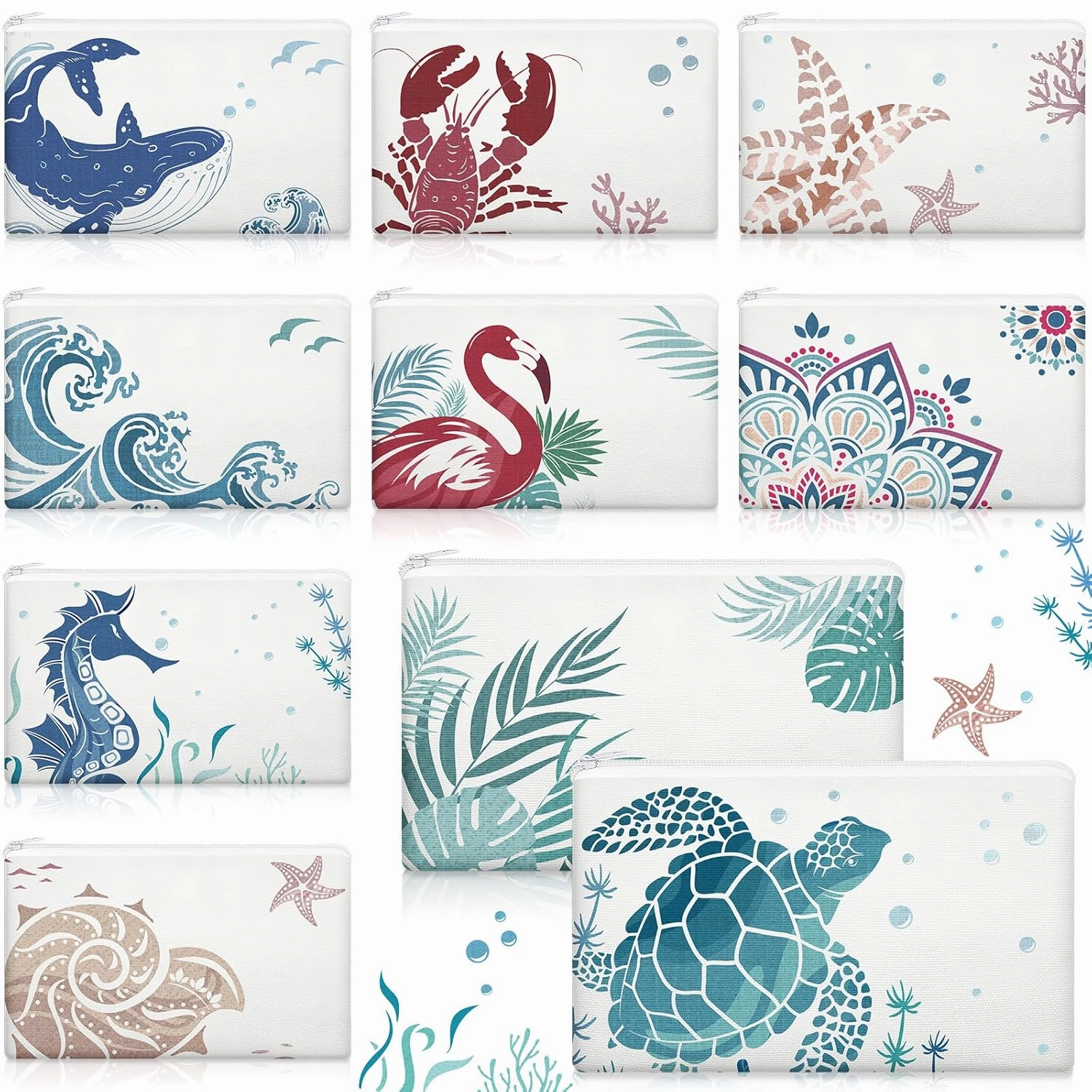Kacctyen 10 Pcs Beach Makeup Bags Bulk Zipper Pouch Canvas Beach Themed Cosmetic Bags for Women Cruise Ship Essentials Bridesmaid Wedding Sea Summer Vacation Organization Cruise Party Favors