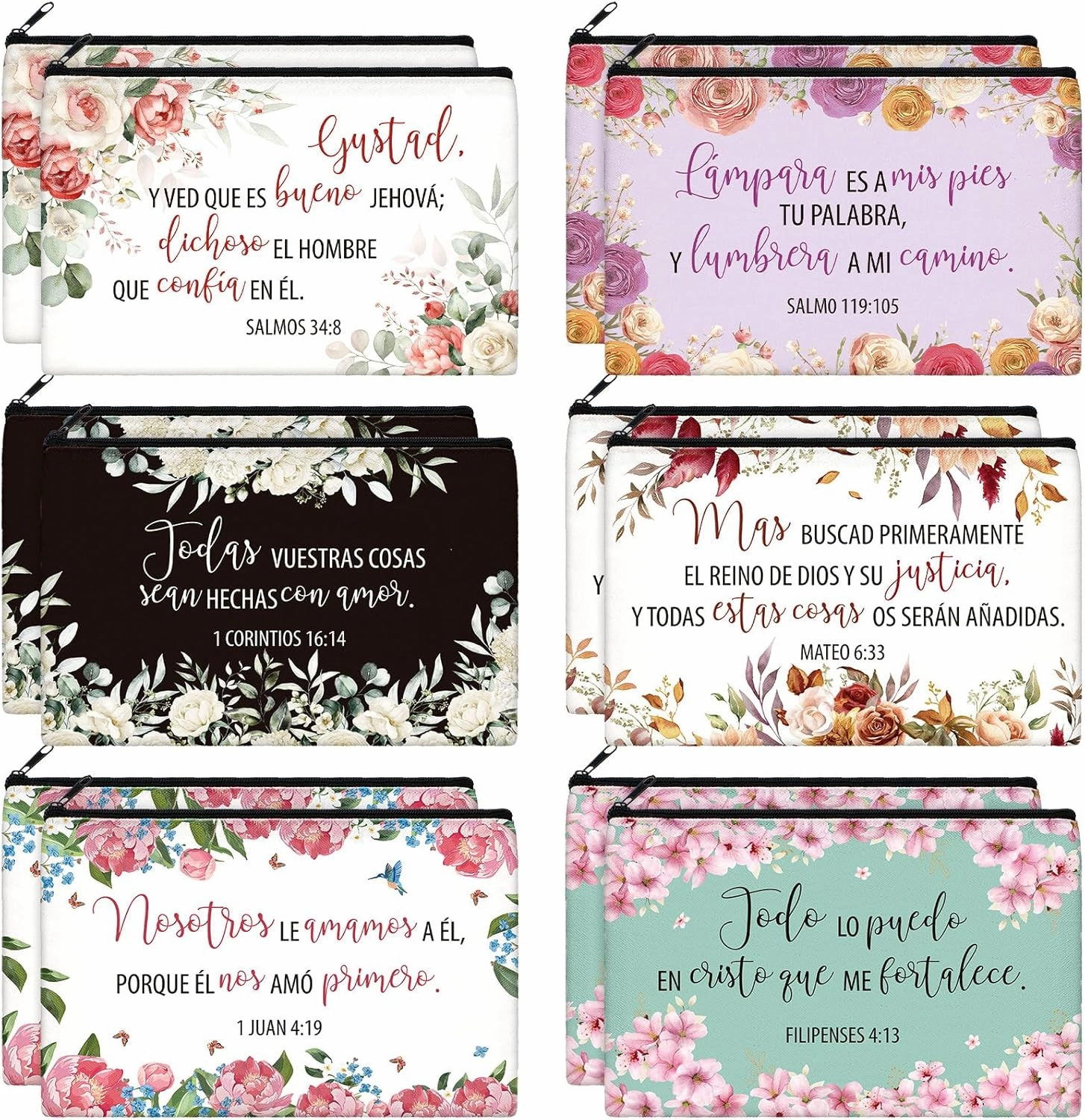 Kacctyen 18 Pcs Spanish Bible Christian Women's Religious Gift Mother's Day Gifts Cosmetic Bags Inspirational Bible Verse Pencil Pouch Motivational Makeup Bag with Zipper for Travel (Fresh)