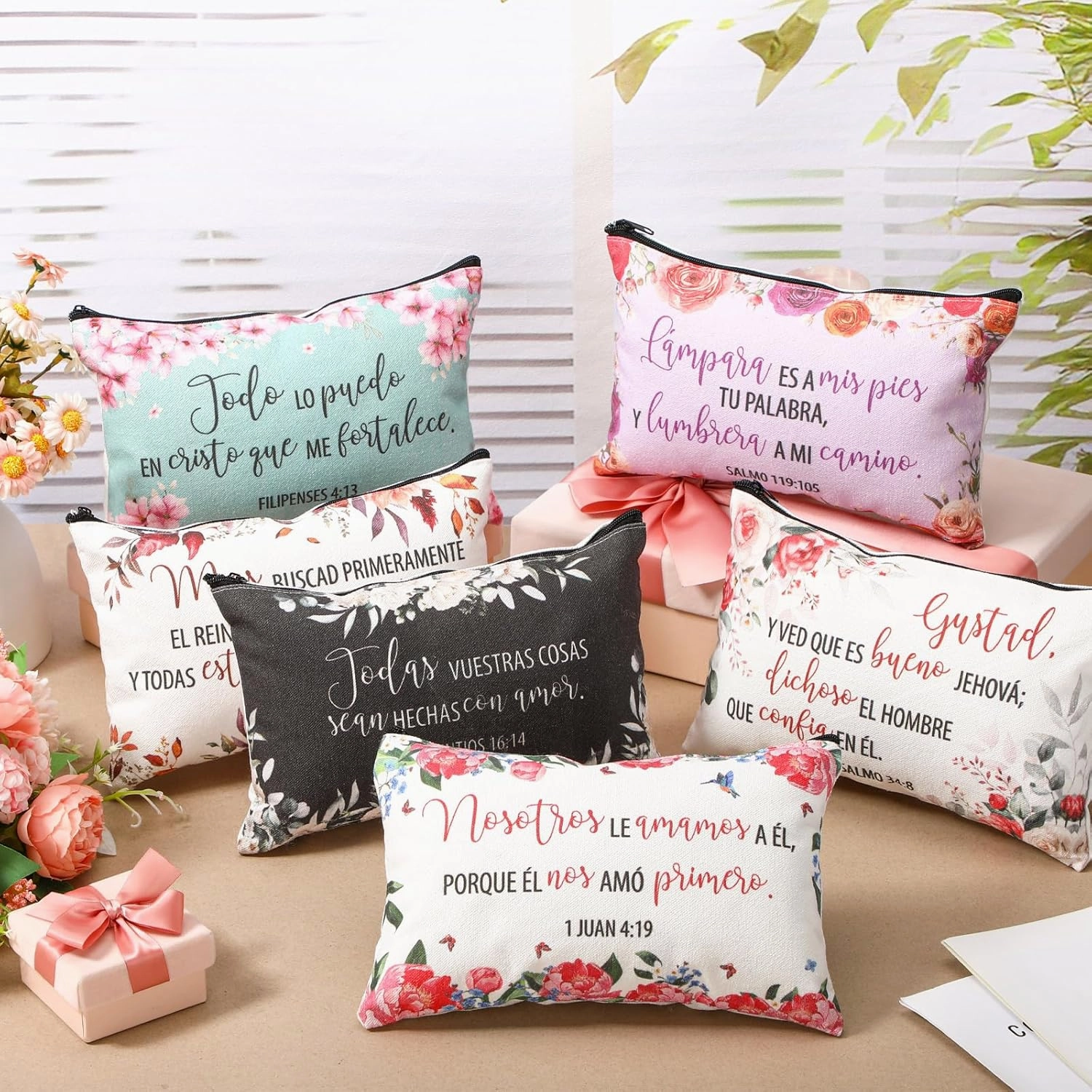 Kacctyen 18 Pcs Spanish Bible Christian Women's Religious Gift Mother's Day Gifts Cosmetic Bags Inspirational Bible Verse Pencil Pouch Motivational Makeup Bag with Zipper for Travel (Fresh)