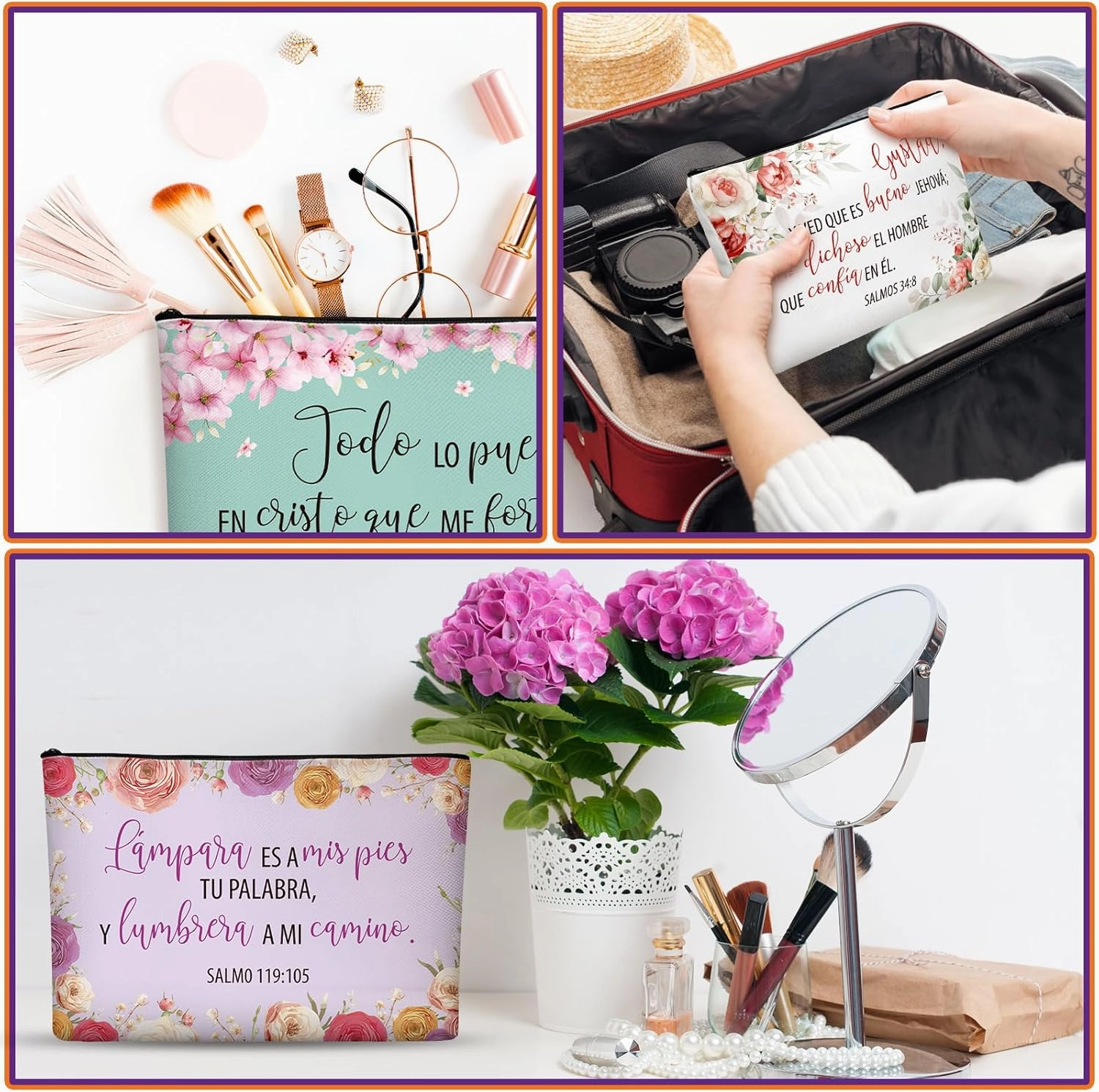 Kacctyen 18 Pcs Spanish Bible Christian Women's Religious Gift Mother's Day Gifts Cosmetic Bags Inspirational Bible Verse Pencil Pouch Motivational Makeup Bag with Zipper for Travel (Fresh)