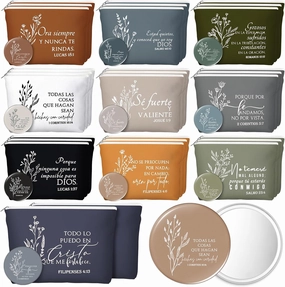 Kacctyen 60 Pcs Spanish Christian Gifts for Women Regalos Cristianos Para Mujer 30 Religious Canvas Makeup Bags with 30 Bible Verse Compact Mirrors Church Gift for Women Teacher Mom Pastor Wife