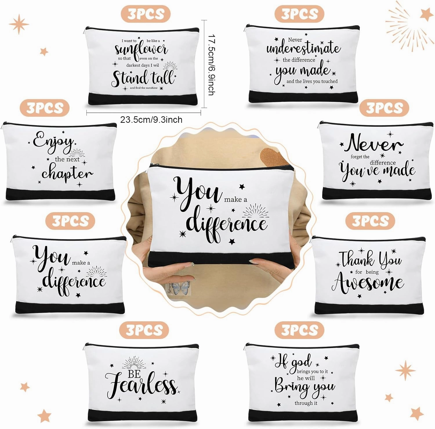 Kajaia 24 Pieces Inspirational Canvas Cosmetic Bags Makeup Bags with Zippers Appreciation Motivational Toiletry Purse Pouches Positive Travel Makeup Pouches for Girl Women Friends, 8 Designs (Elegant)