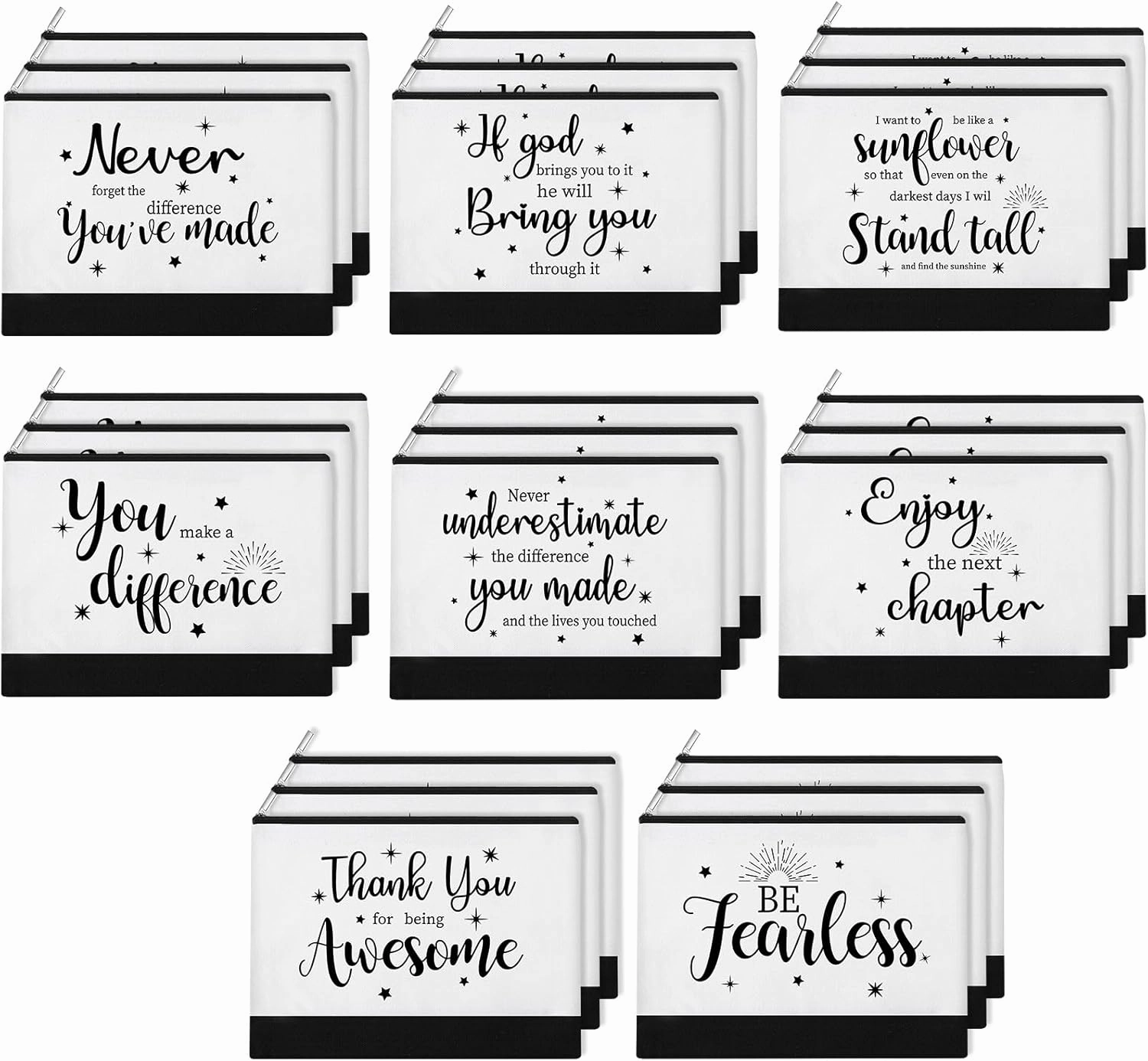 Kajaia 24 Pieces Inspirational Canvas Cosmetic Bags Makeup Bags with Zippers Appreciation Motivational Toiletry Purse Pouches Positive Travel Makeup Pouches for Girl Women Friends, 8 Designs (Elegant)