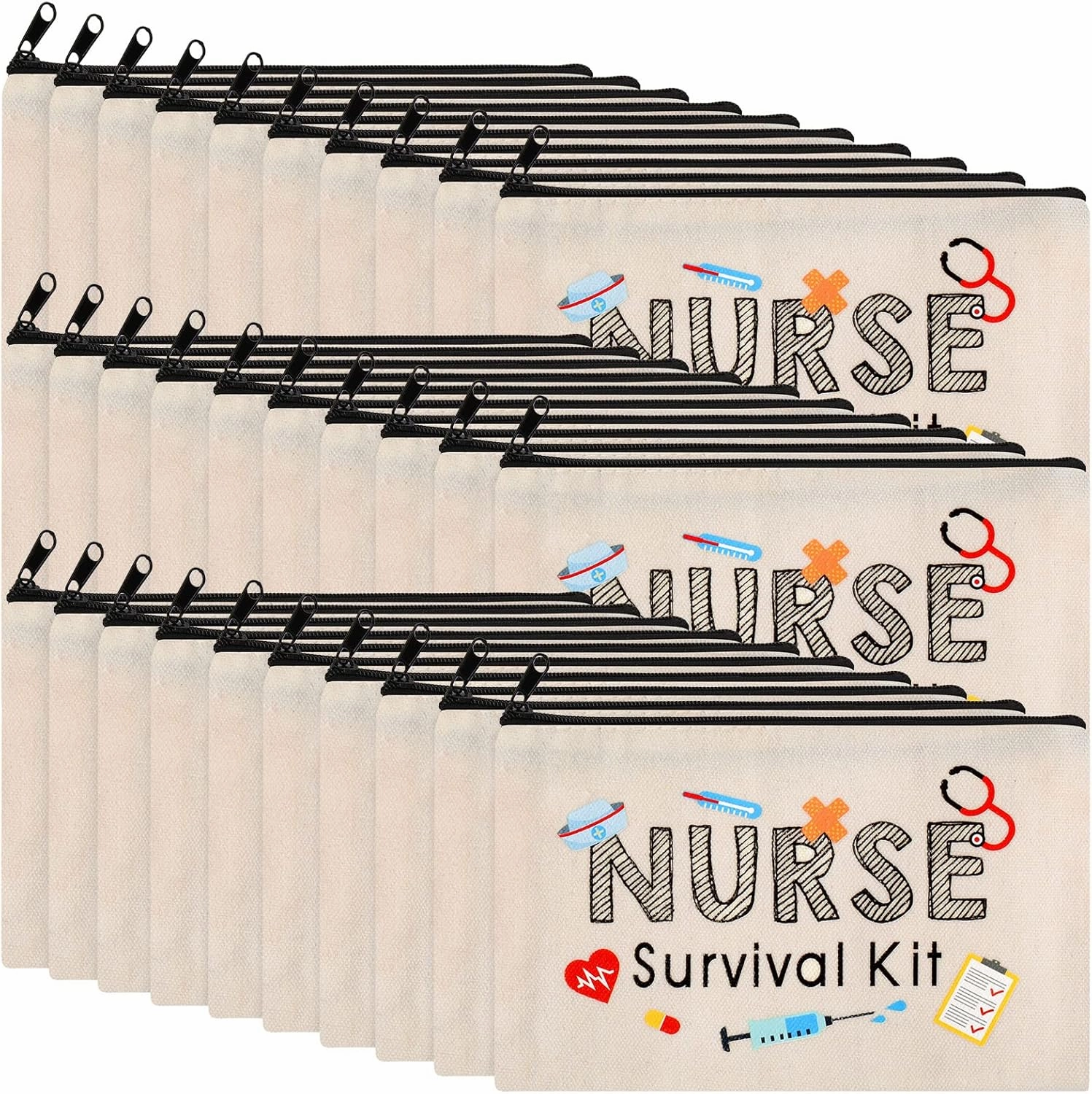 Kajaia 30 Pieces Nurse Makeup Bags Nurse Survival Kit Bag Nurse Gift for Women, Nurse Practitioner, Nursing Student, Nurses Week Gifts Funny Travel Cosmetic Bag Mini Multi Purpose Toiletry Bag(Beige)