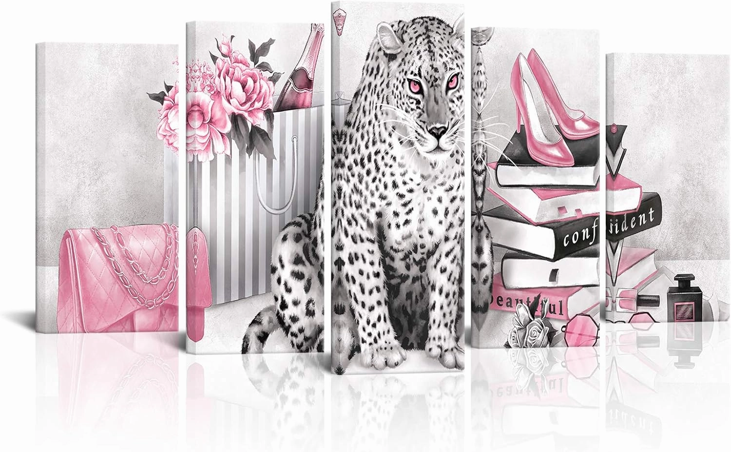 Kalormore Fashion Glam Poster Black and White Leopard with Pink Flowers Shoes Painting Giclee Canvas Prints Contemporary Artwork for Modern Living Room Girls Makeup Room Bedroom Gift for Woman