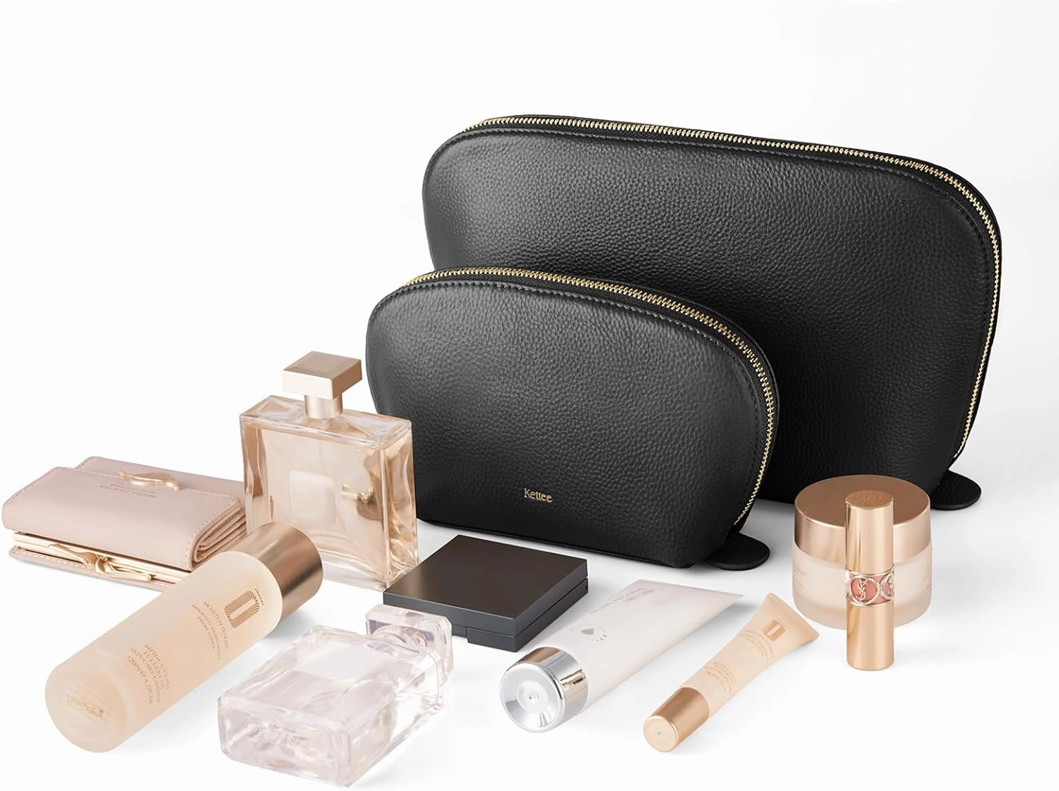 Kattee Leather Makeup Bag, Travel Cosmetic Bag Set, Toiletry Bag Organizer for Women, 1-PACK, Large, Black