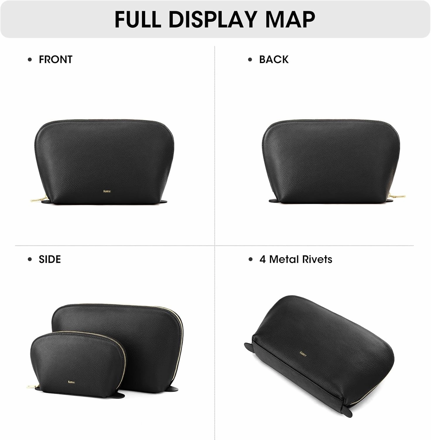 Kattee Leather Makeup Bag, Travel Cosmetic Bag Set, Toiletry Bag Organizer for Women, 1-PACK, Large, Black