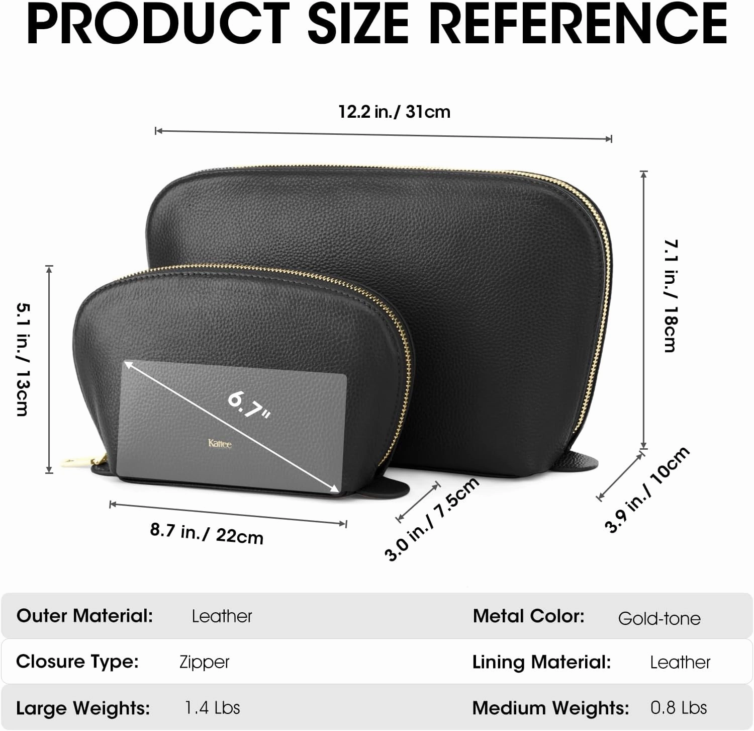 Kattee Leather Makeup Bag, Travel Cosmetic Bag Set, Toiletry Bag Organizer for Women, 1-PACK, Large, Black