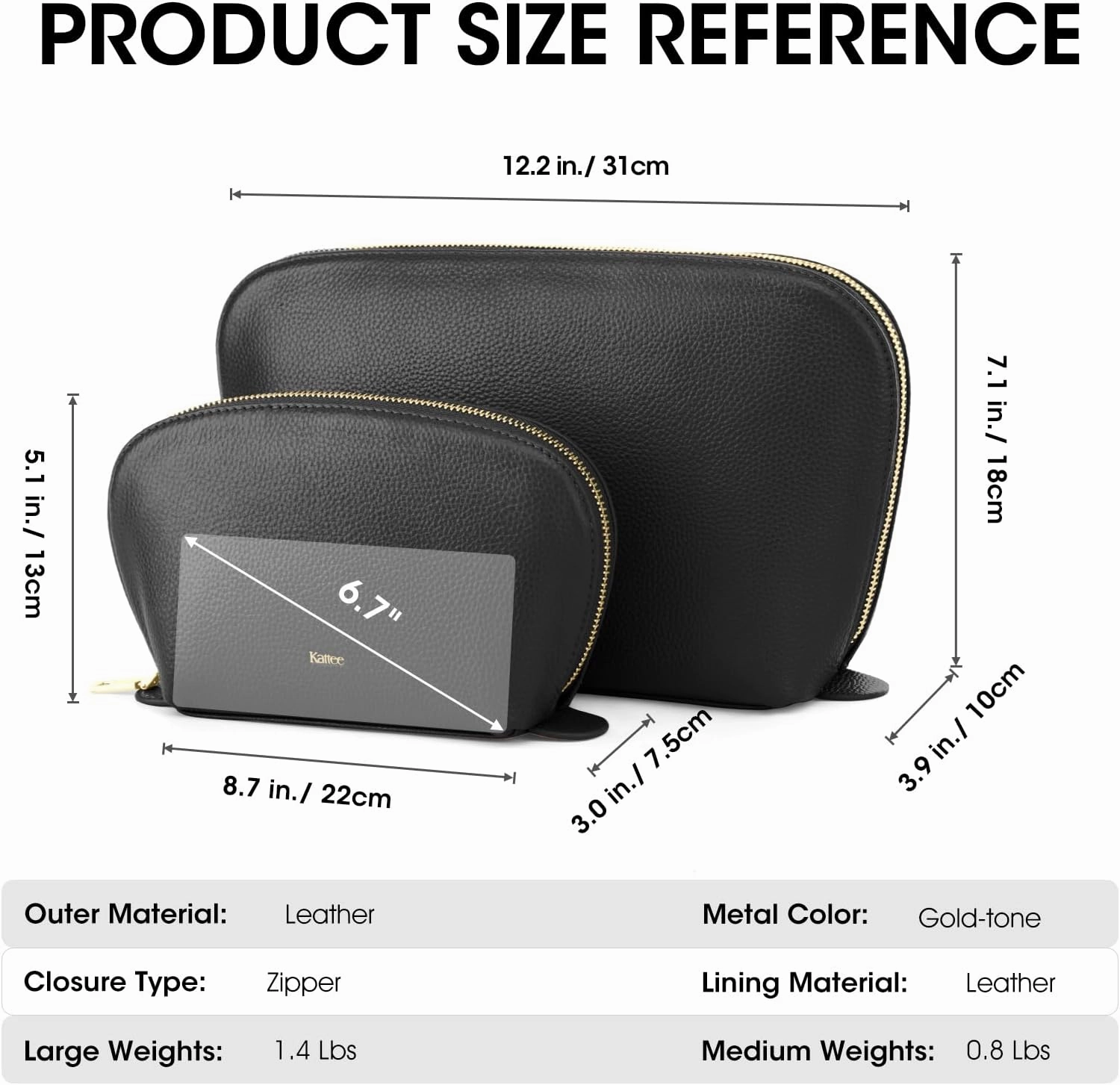 Kattee Leather Makeup Bag, Travel Cosmetic Bag Set, Toiletry Bag Organizer for Women, 2-PACK, Black