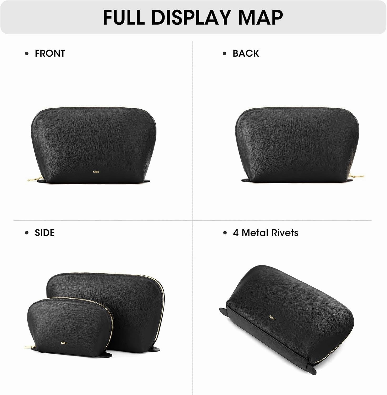 Kattee Leather Makeup Bag, Travel Cosmetic Bag Set, Toiletry Bag Organizer for Women, 2-PACK, Black