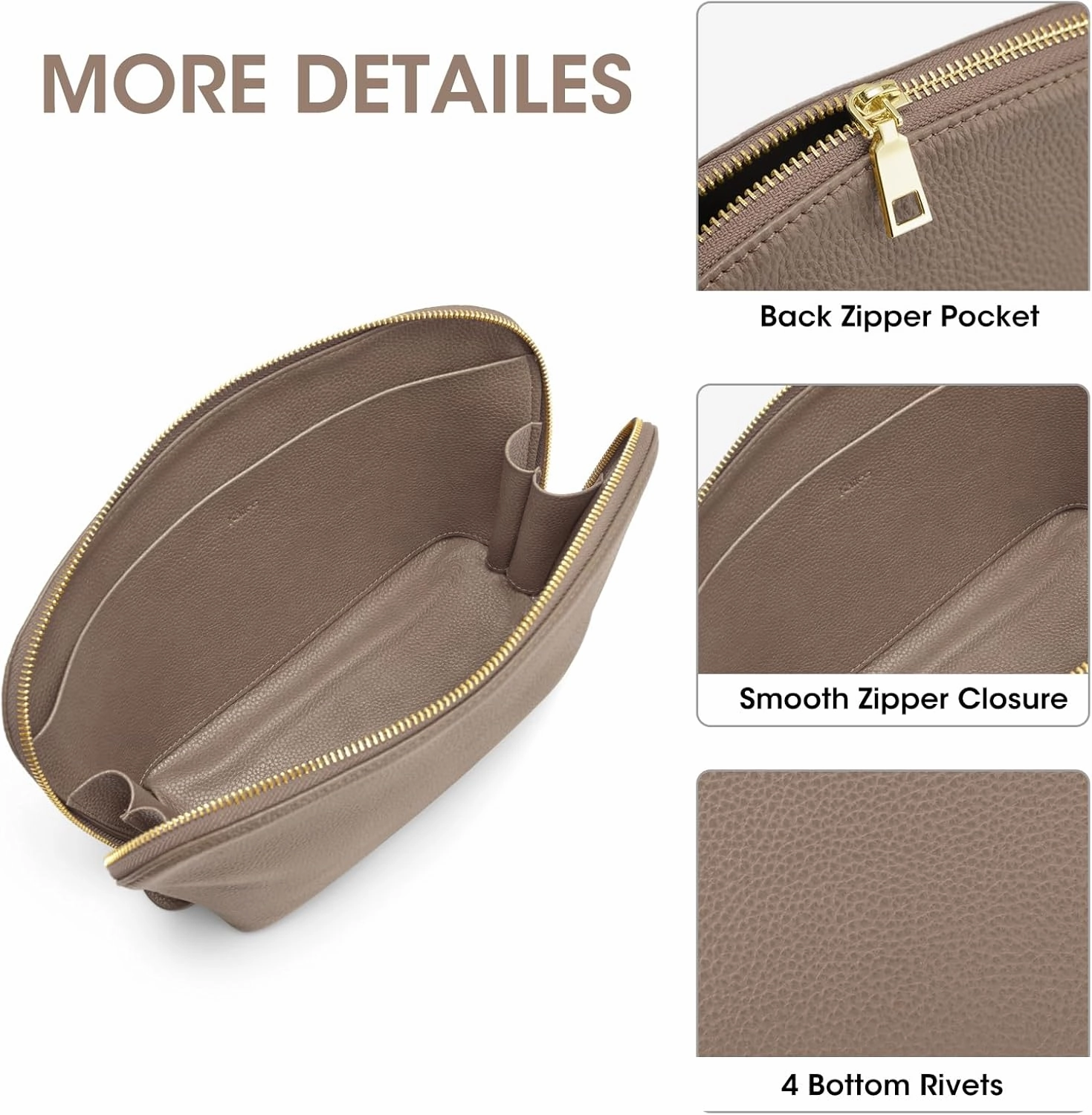 Kattee Leather Makeup Bag, Travel Cosmetic Bag Set, Toiletry Bag Organizer for Women, 2-PACK, Khaki