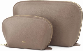 Kattee Leather Makeup Bag, Travel Cosmetic Bag Set, Toiletry Bag Organizer for Women, 2-PACK, Khaki