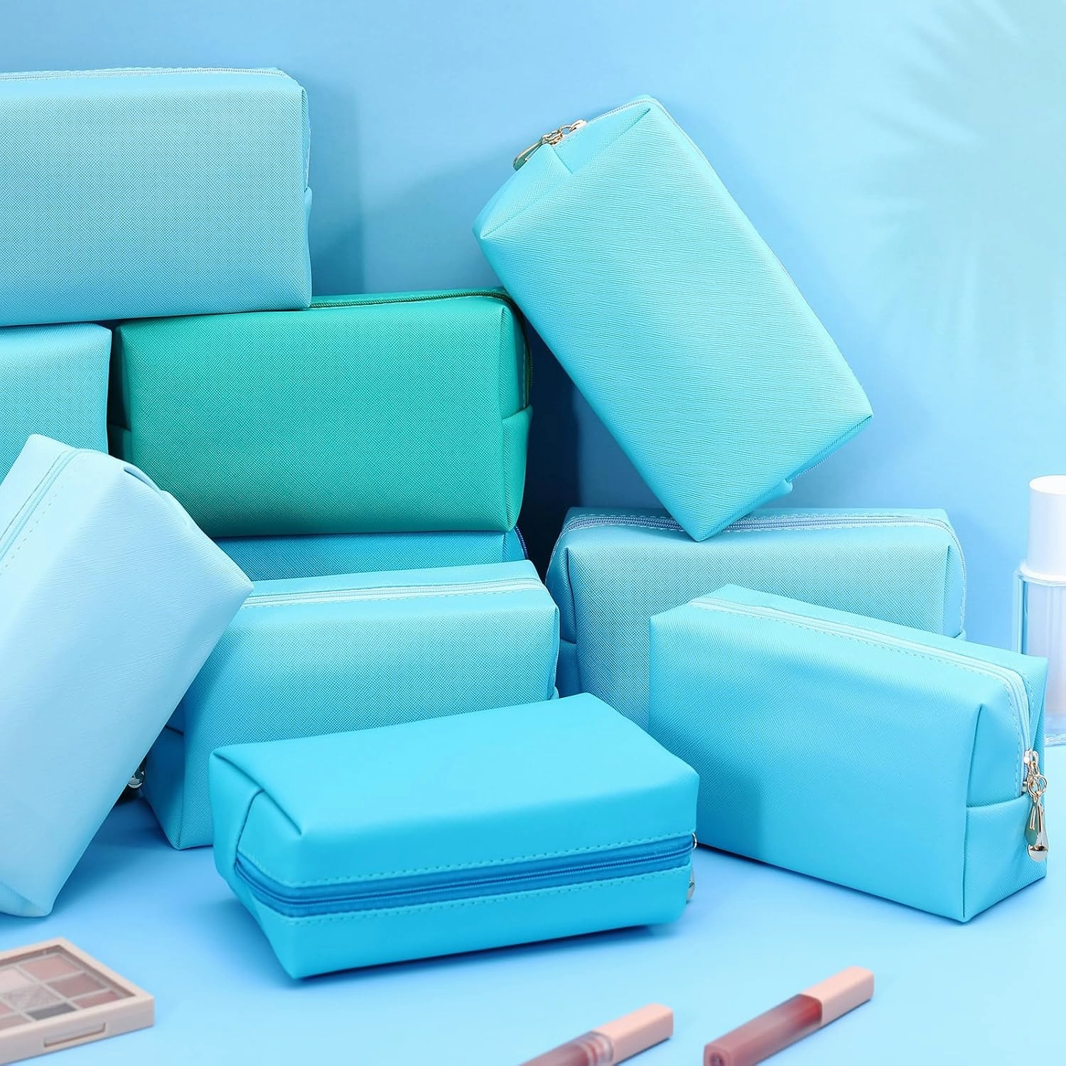 Kigeli 15 Pcs Aesthetic Makeup Bags PU Leather Cosmetic Pouches Waterproof Plain Toiletry Bags Makeup Pouches Bulk for Women Party Gift Travel Storage Organizer(Blue Teal)