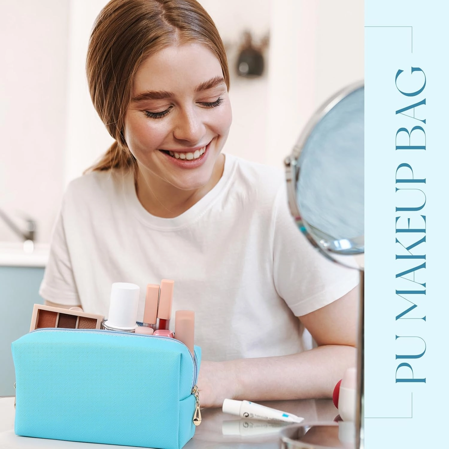 Kigeli 15 Pcs Aesthetic Makeup Bags PU Leather Cosmetic Pouches Waterproof Plain Toiletry Bags Makeup Pouches Bulk for Women Party Gift Travel Storage Organizer(Blue Teal)