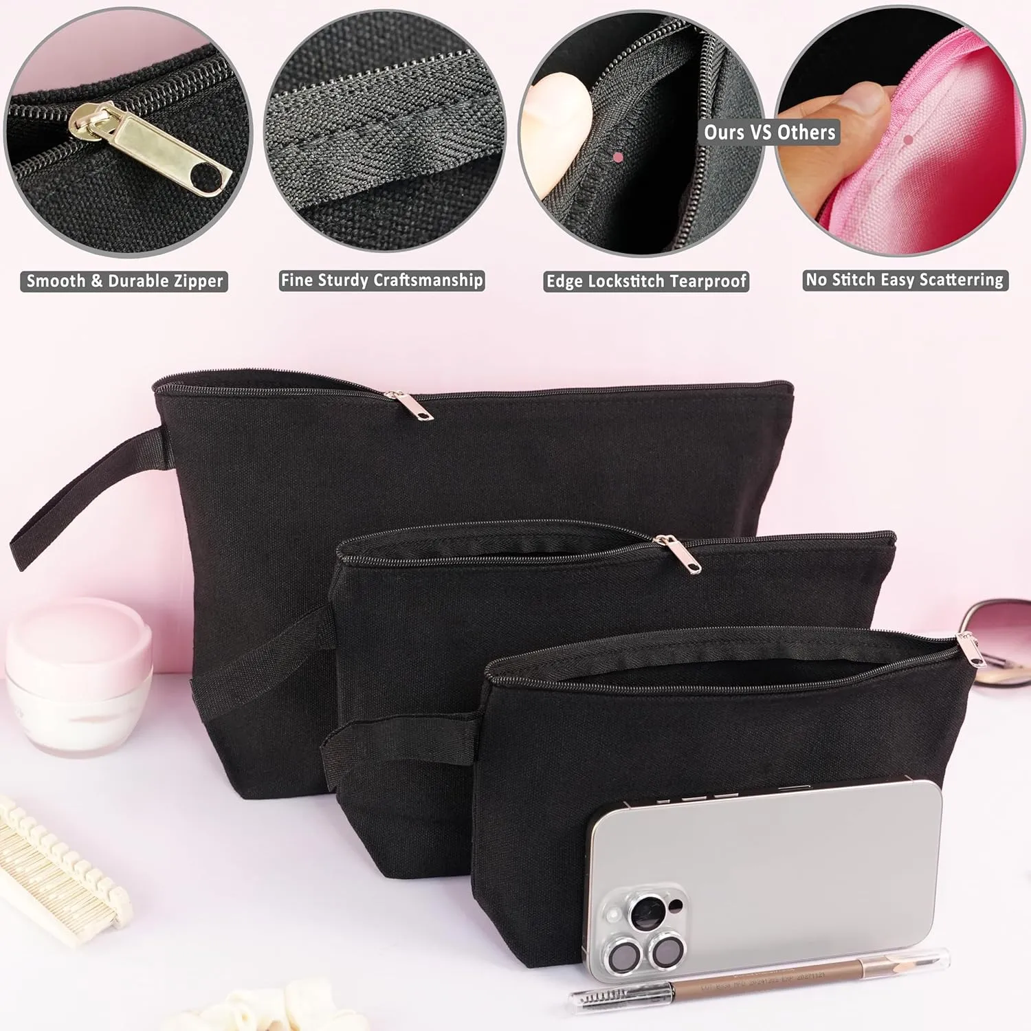 Koolmox 20 Pcs Canvas Zipper Pouches with Bottom, Bulk Blank Canvas Makeup Bags Multi-purpose Cotton Pouch for Pencil Bag Stationary Bag Print Paint Art Crafts Bags (Black, S, 9x4.7x1.5'')