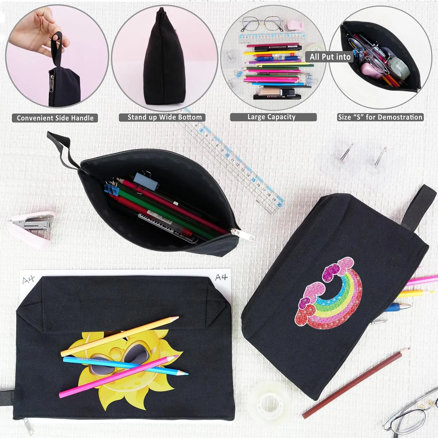 Koolmox 20 Pcs Canvas Zipper Pouches with Bottom, Bulk Blank Canvas Makeup Bags Multi-purpose Cotton Pouch for Pencil Bag Stationary Bag Print Paint Art Crafts Bags (Black, S, 9x4.7x1.5'')