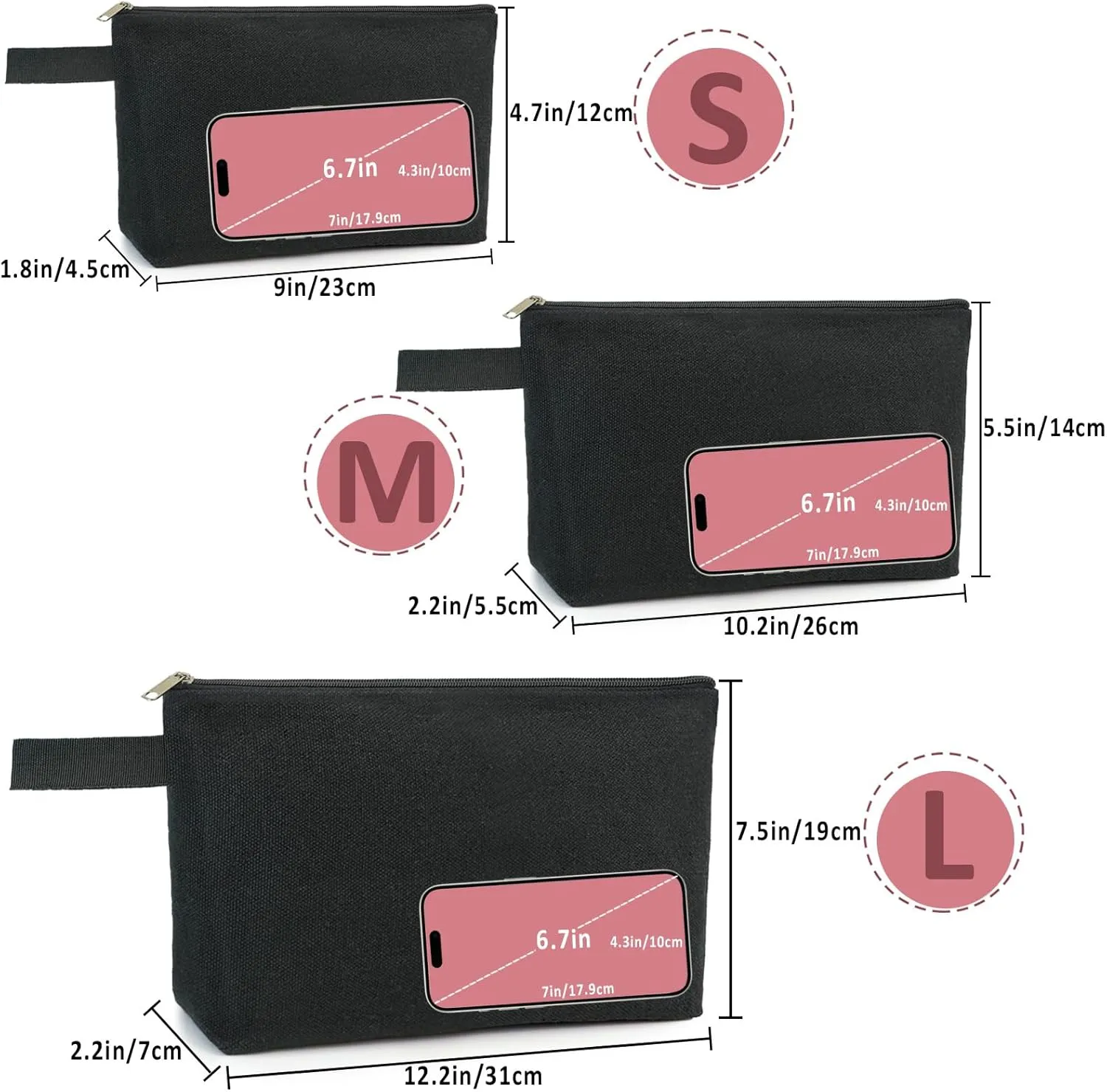 Koolmox 20 Pcs Canvas Zipper Pouches with Bottom, Bulk Blank Canvas Makeup Bags Multi-purpose Cotton Pouch for Pencil Bag Stationary Bag Print Paint Art Crafts Bags (Black, S, 9x4.7x1.5'')