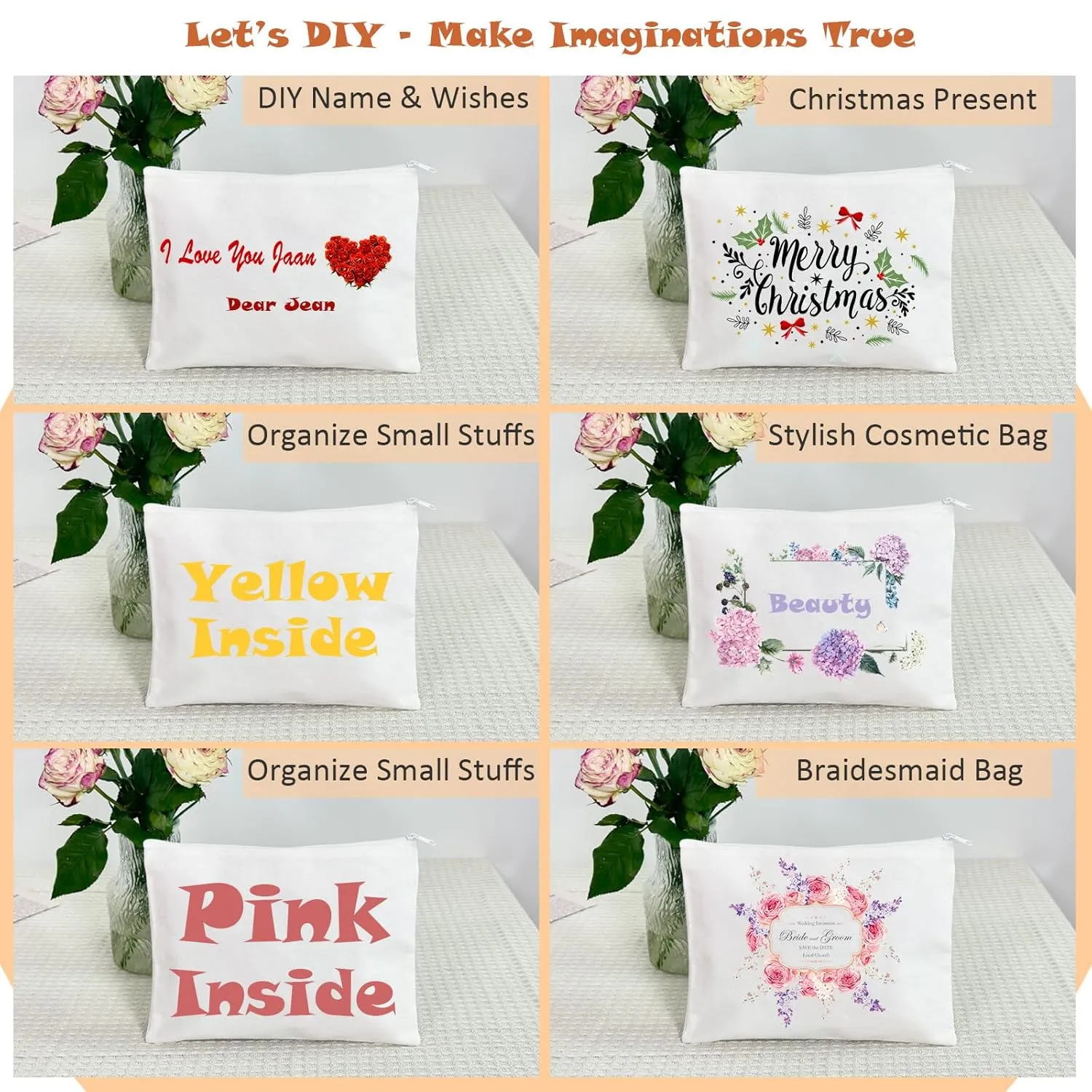 Koolmox 20 Pieces 8x5'' Sublimation Blank Canvas Makeup Bags Bulk Blank DIY Heat Transfer Cosmetic Makeup Bags Canvas Clear Customization Blank Pouch with Zipper
