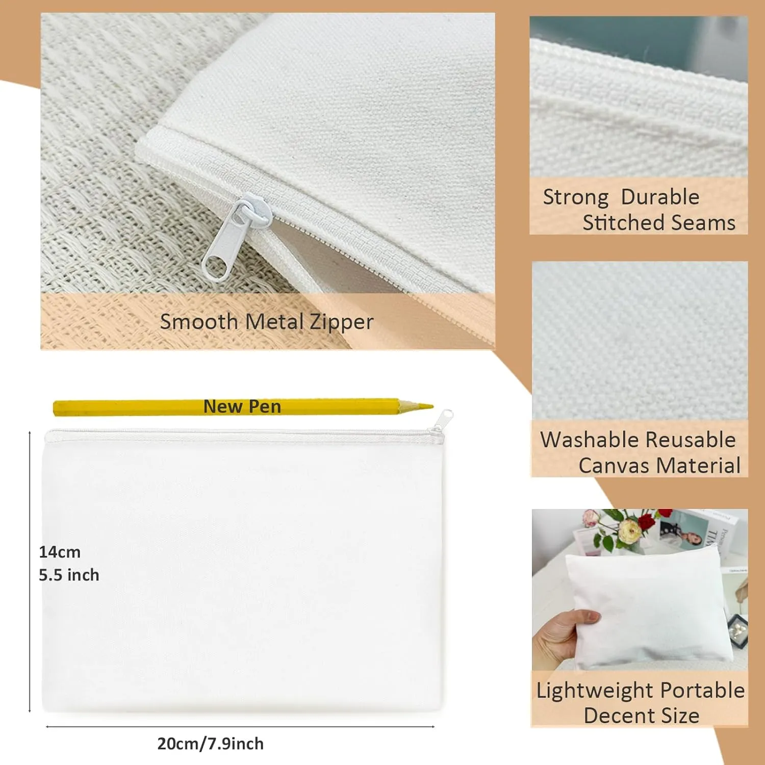 Koolmox 20 Pieces 8x5'' Sublimation Blank Canvas Makeup Bags Bulk Blank DIY Heat Transfer Cosmetic Makeup Bags Canvas Clear Customization Blank Pouch with Zipper