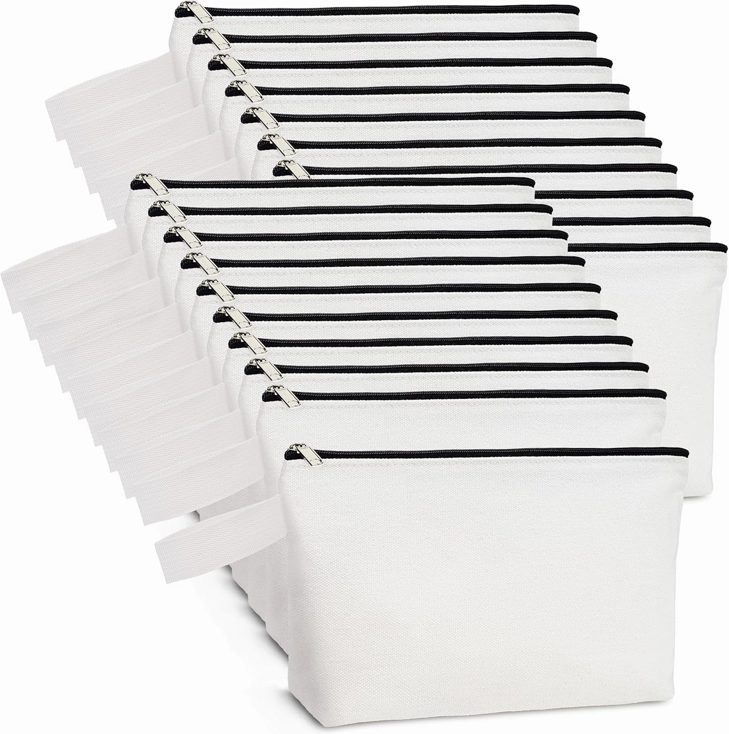 Koolmox 20 Pack 12Oz Blank Makeup Bags with Bottom and Strap, Multi-purpose Large Canvas Zipper Toiletry Organization Pouch Blank Bag for HTV Crafts (White Bag w/Black Zipper, L, 12.2x7.4x 2.7'')