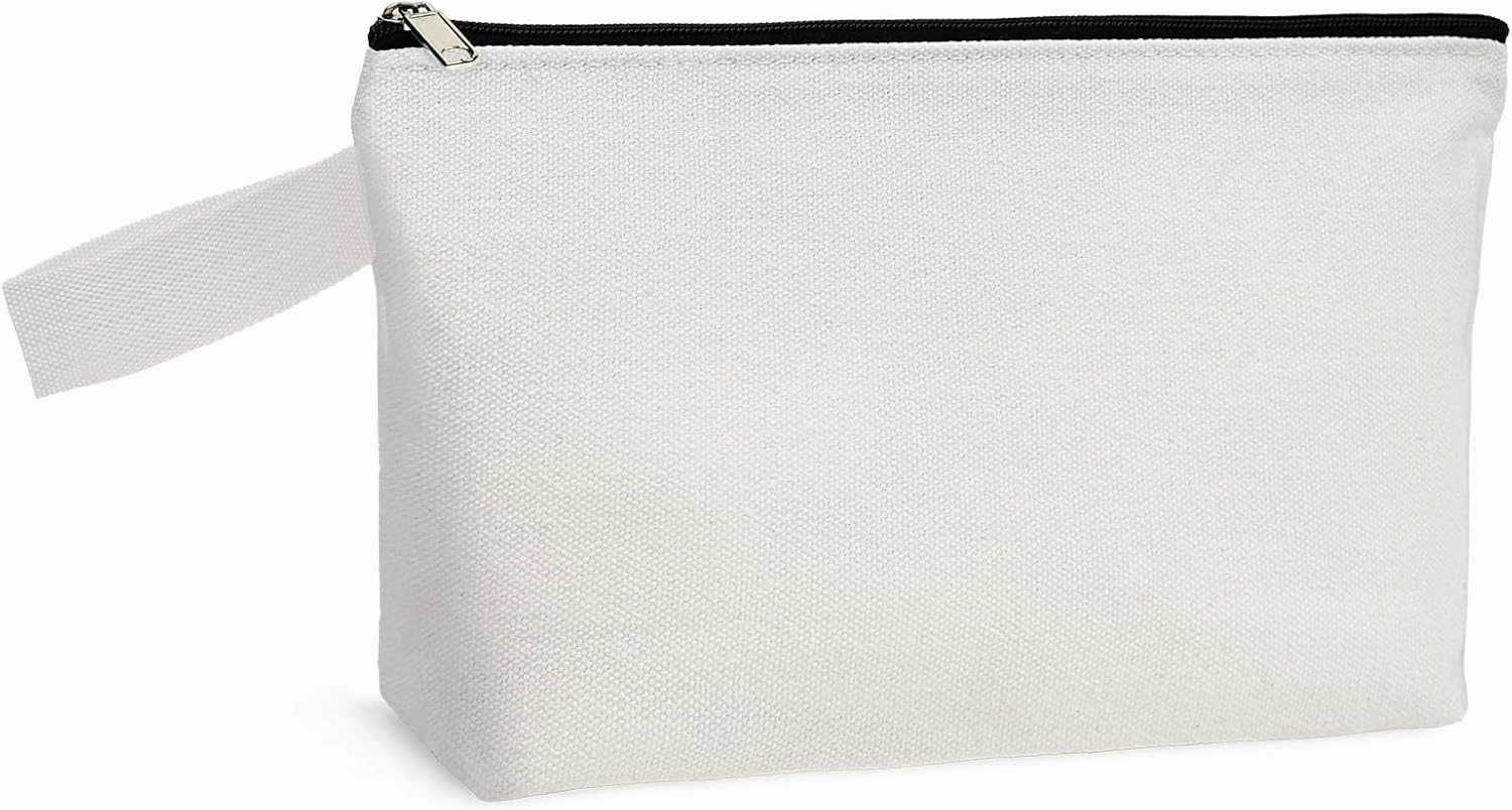 Koolmox 20 Pack 12Oz Blank Makeup Bags with Bottom and Strap, Multi-purpose Large Canvas Zipper Toiletry Organization Pouch Blank Bag for HTV Crafts (White Bag w/Black Zipper, L, 12.2x7.4x 2.7'')