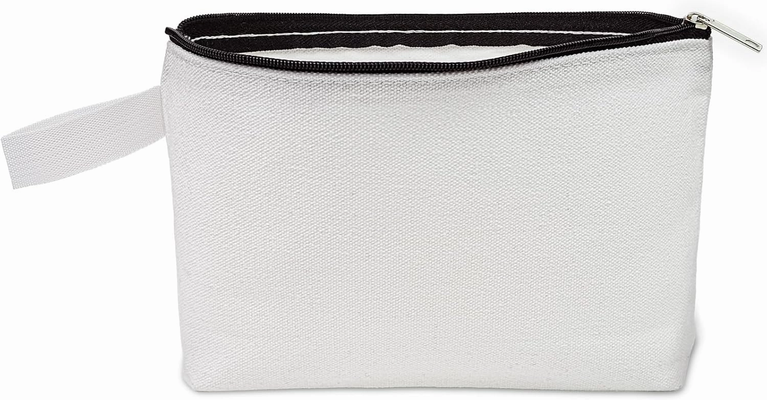 Koolmox 20 Pack 12Oz Blank Makeup Bags with Bottom and Strap, Multi-purpose Large Canvas Zipper Toiletry Organization Pouch Blank Bag for HTV Crafts (White Bag w/Black Zipper, L, 12.2x7.4x 2.7'')