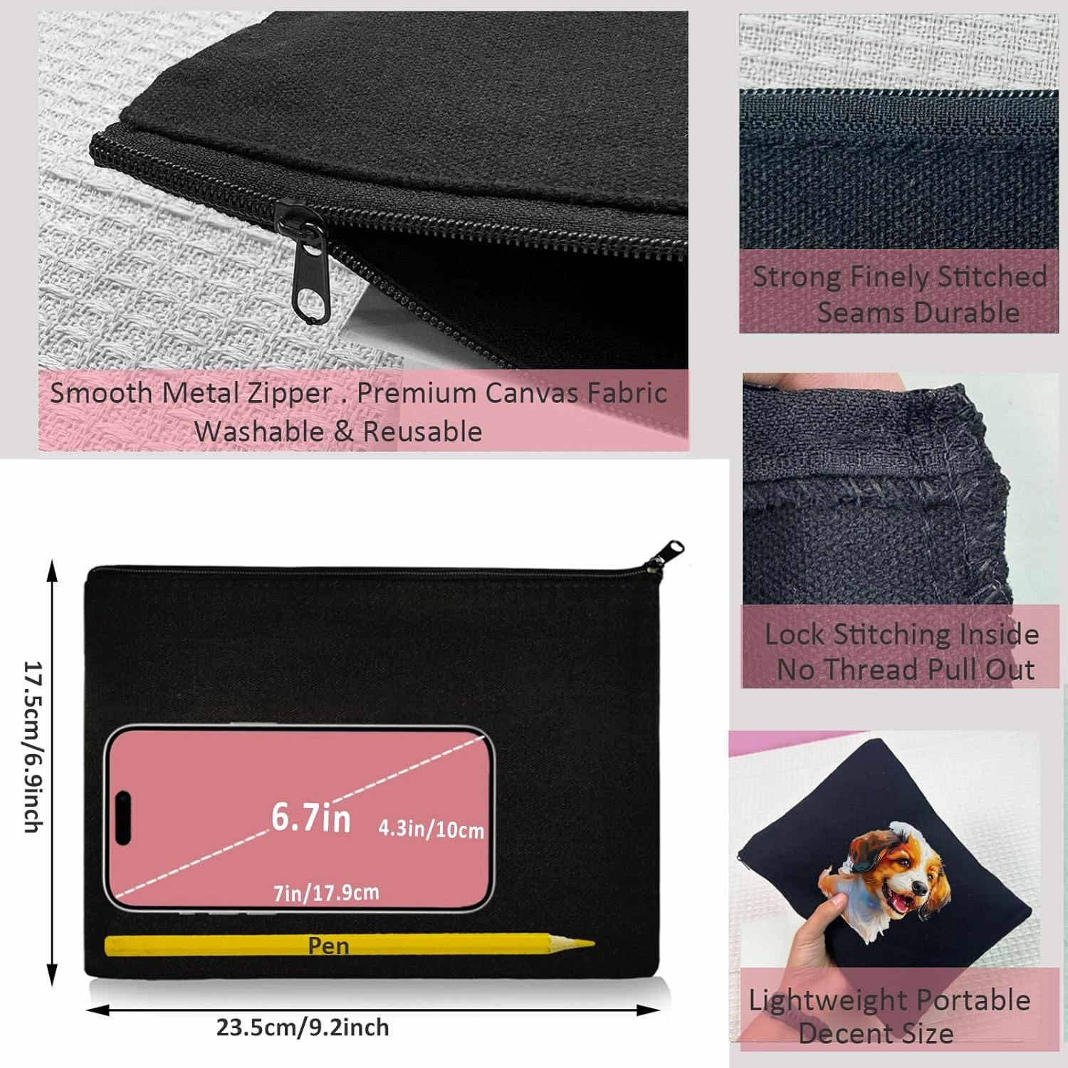 Koolmox Black Canvas Makeup Bags - 40 9x7 Inch Large Blank Canvas Bags with Zipper, Perfect for Cosmetics, Cards, Tools, and Pens