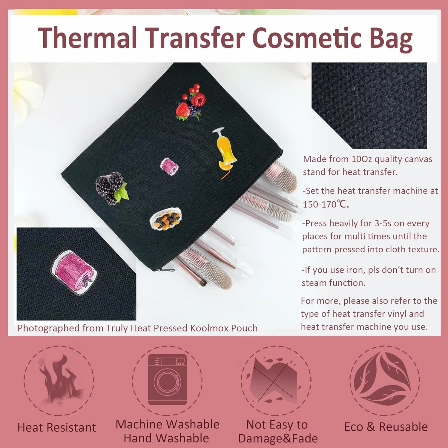 Koolmox Black Canvas Makeup Bags - 40 9x7 Inch Large Blank Canvas Bags with Zipper, Perfect for Cosmetics, Cards, Tools, and Pens