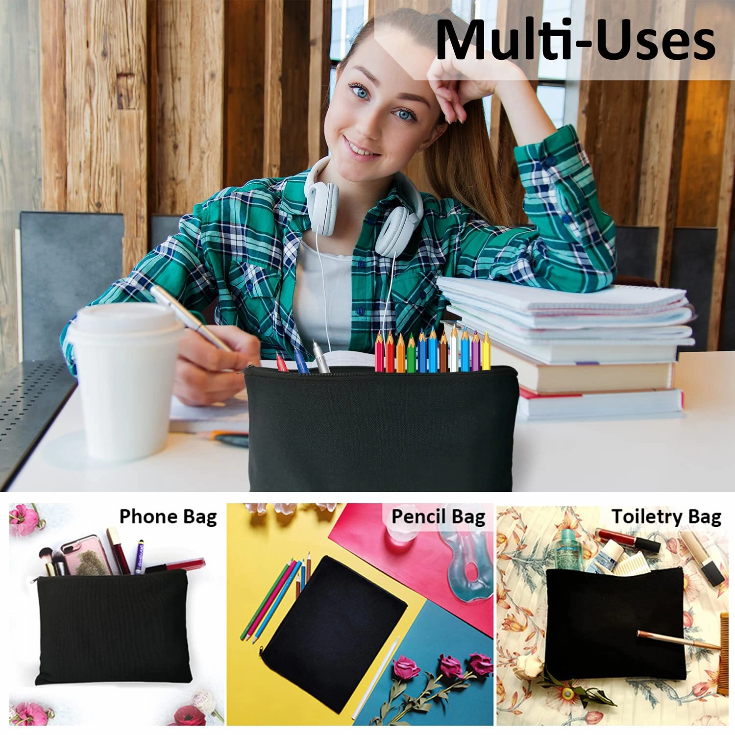 Koolmox Black Canvas Makeup Bags - 40 9x7 Inch Large Blank Canvas Bags with Zipper, Perfect for Cosmetics, Cards, Tools, and Pens