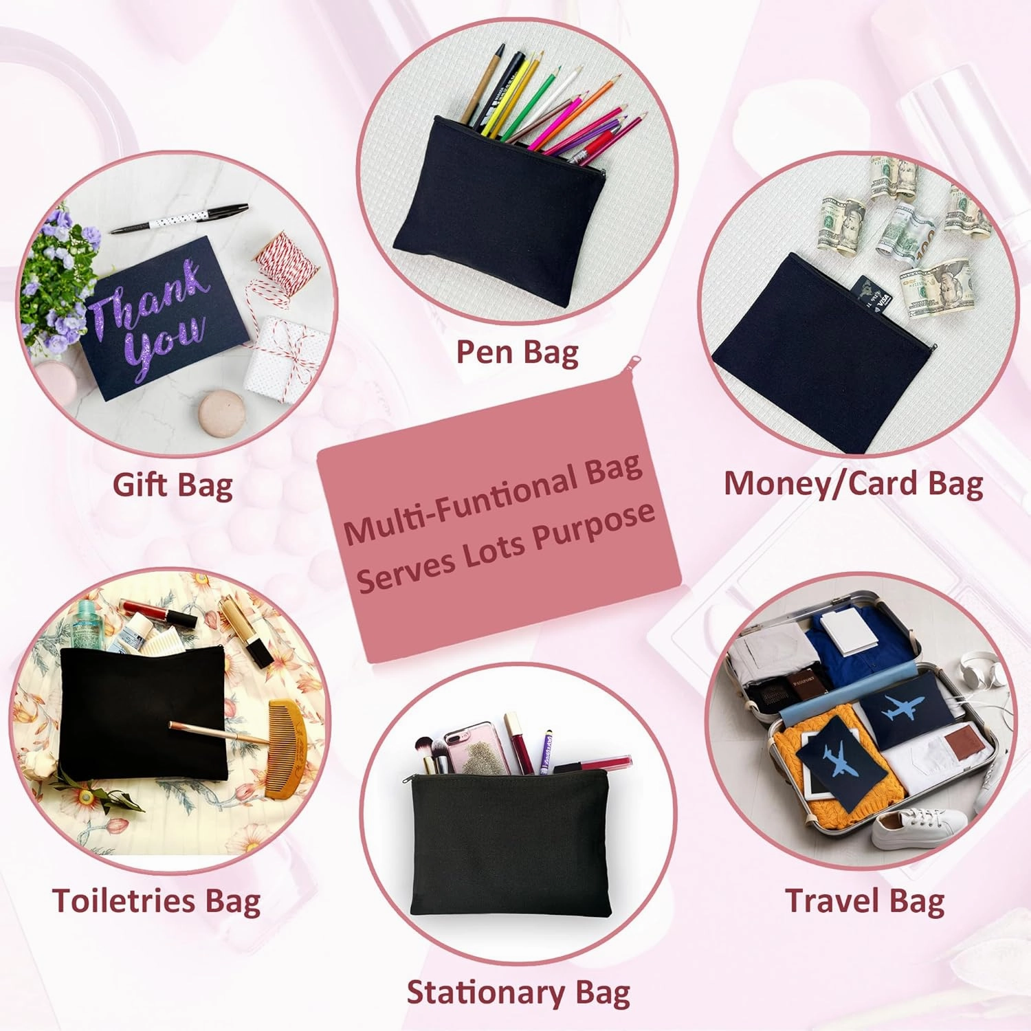 Koolmox Black Canvas Makeup Bags - 40 9x7 Inch Large Blank Canvas Bags with Zipper, Perfect for Cosmetics, Cards, Tools, and Pens