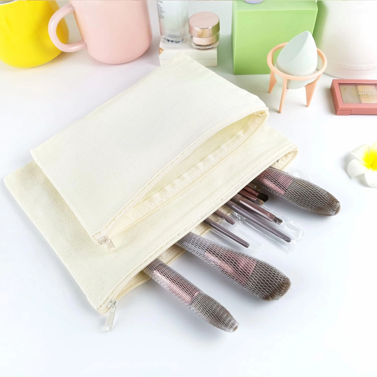 Koolmox Bulk Cosmetic Bags, 30pcs Multipurpose Makeup Pouch With Zipper, Canvas Pencil Case, Plain Beige for Travel Storage Toiletry Organize, Women DIY Craft Gift