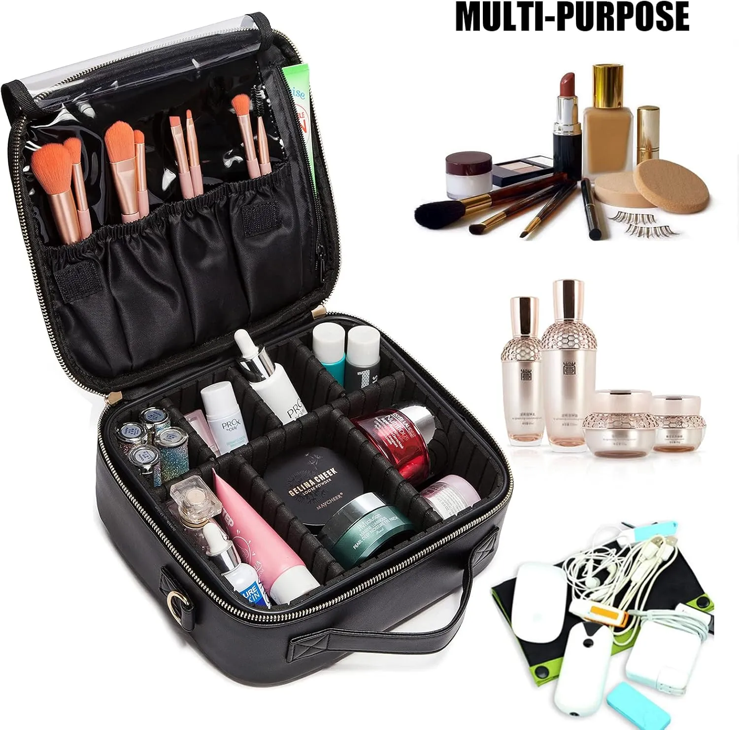 LACATTURA Travel Makeup bag, Leather Makeup Train Case Cosmetic Organizer for Makeup Brushes Toiletry Digital Accessories, Portable Artist Storage Bag With Shoulder Strap for Women Black