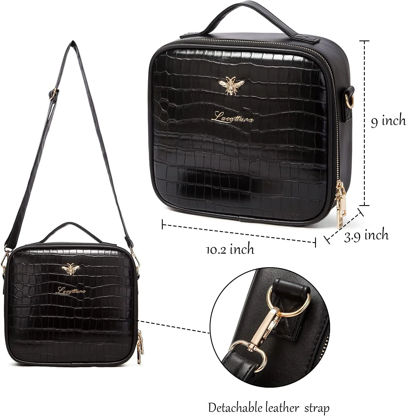 LACATTURA Travel Makeup bag, Leather Makeup Train Case Cosmetic Organizer for Makeup Brushes Toiletry Digital Accessories, Portable Artist Storage Bag With Shoulder Strap for Women Black