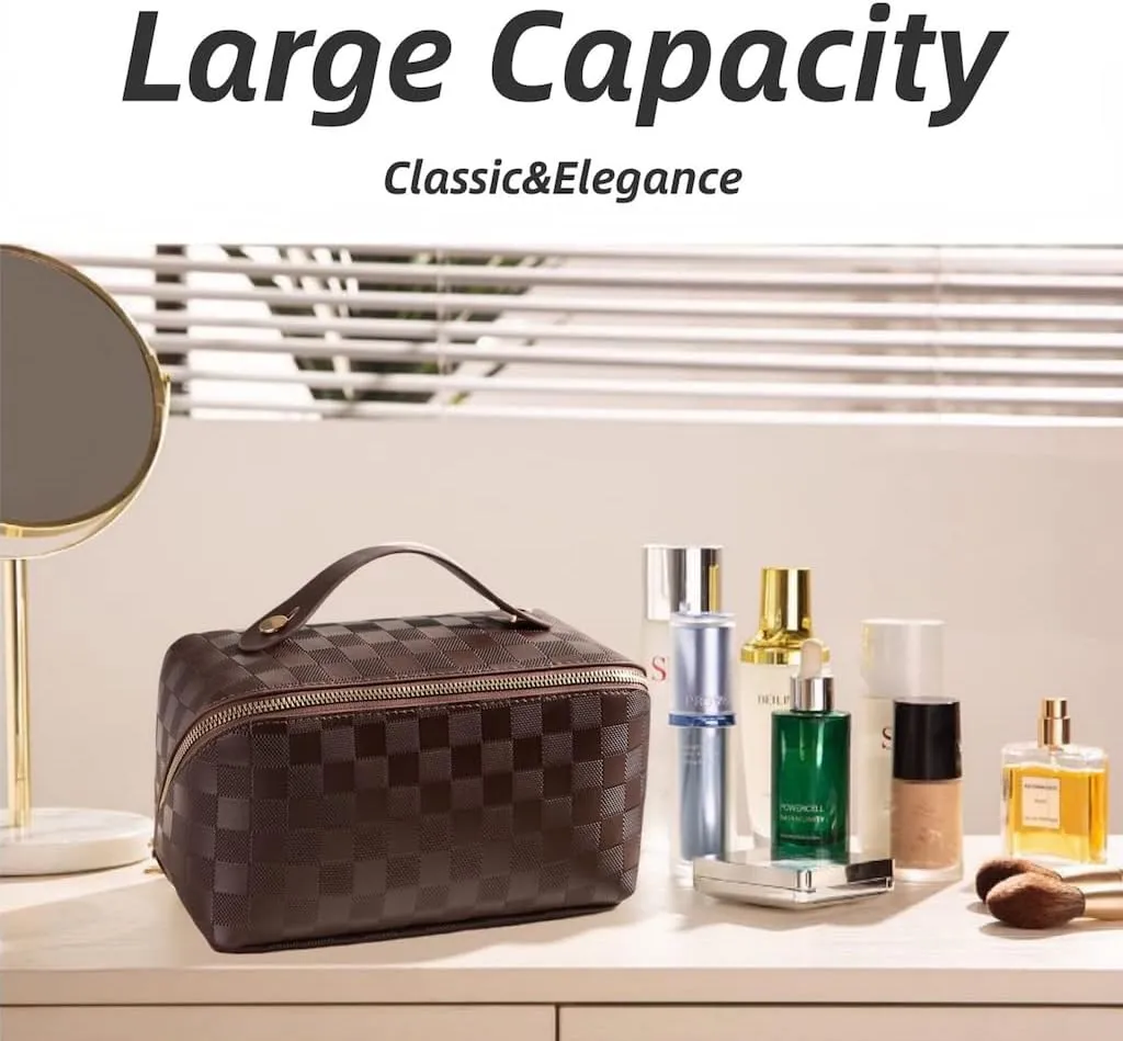 Large Capacity Checkered Makeup Bags Portable Travel Cosmetic Bags Open-Flat Toiletry Waterproof Bag for Women Gift Make up Organizer with Divider and Handle Pouch Zipper Bag (latte-checkered)