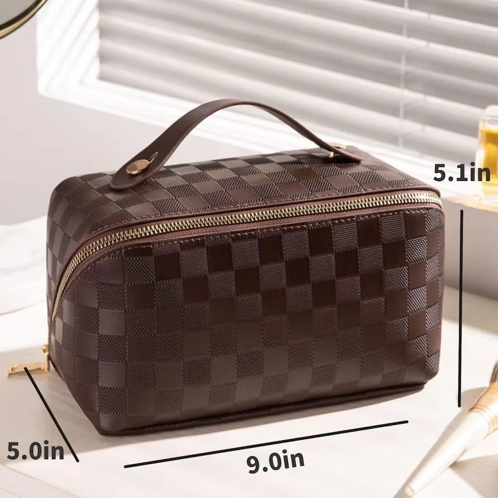 Large Capacity Checkered Makeup Bags Portable Travel Cosmetic Bags Open-Flat Toiletry Waterproof Bag for Women Gift Make up Organizer with Divider and Handle Pouch Zipper Bag (latte-checkered)