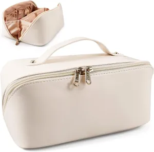 Large Capacity Cosmetic Bag, Travel Cosmetic Storage Bag with Handle, Portable Zipper Cosmetic Bag Toiletry Bag Makeup Bag Large with Compartments for Women Girls (White)