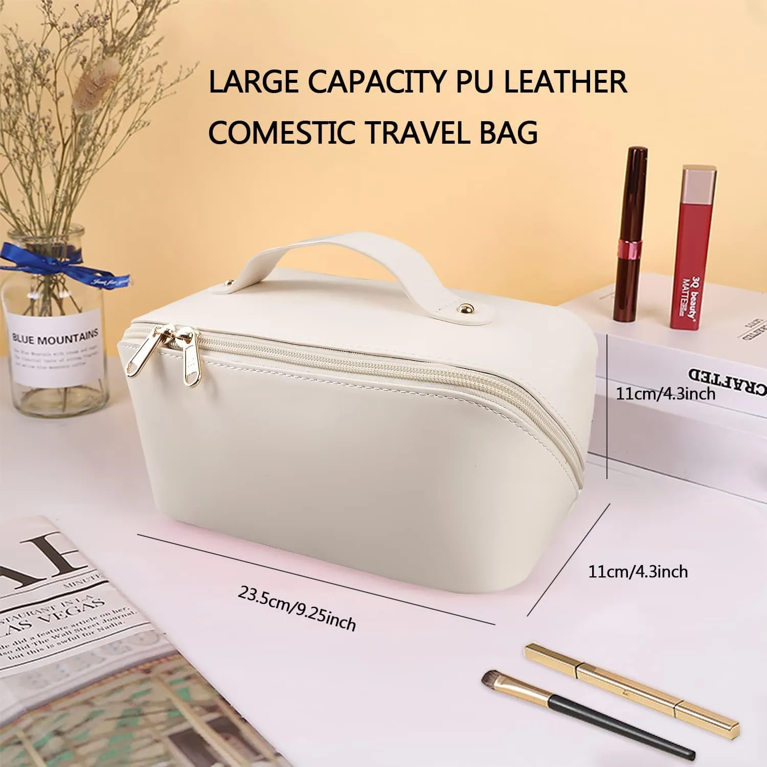 Large Capacity Cosmetic Bag, Travel Cosmetic Storage Bag with Handle, Portable Zipper Cosmetic Bag Toiletry Bag Makeup Bag Large with Compartments for Women Girls (White)