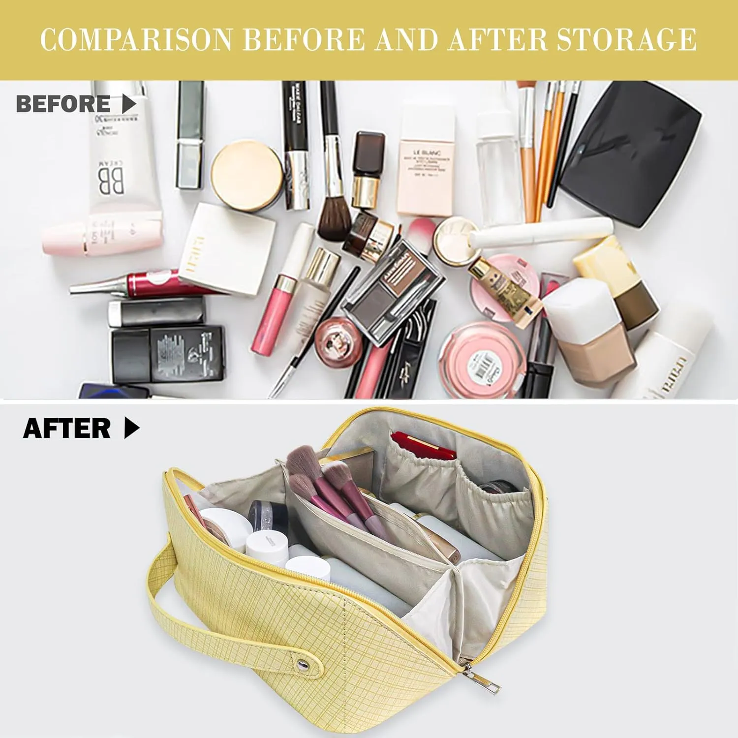 Large Capacity Travel Cosmetic Bag for Women,Portable Makeup Bag, New Popular PU Leather Waterproof Cosmetic Bag,Travel Makeup Bag With Handle and Divider Makeup Organizer Bag (Yellow)