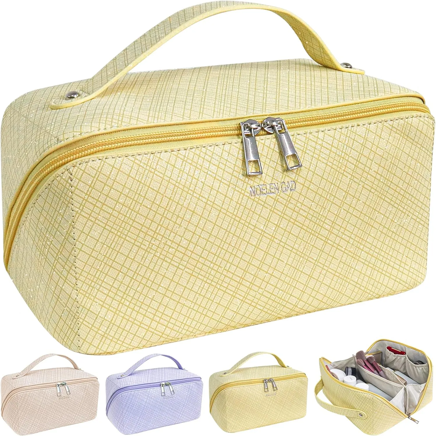 Large Capacity Travel Cosmetic Bag for Women,Portable Makeup Bag, New Popular PU Leather Waterproof Cosmetic Bag,Travel Makeup Bag With Handle and Divider Makeup Organizer Bag (Yellow)