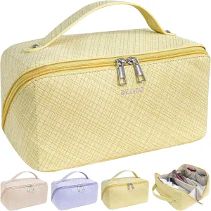Large Capacity Travel Cosmetic Bag for Women,Portable Makeup Bag, New Popular PU Leather Waterproof Cosmetic Bag,Travel Makeup Bag With Handle and Divider Makeup Organizer Bag (Yellow)