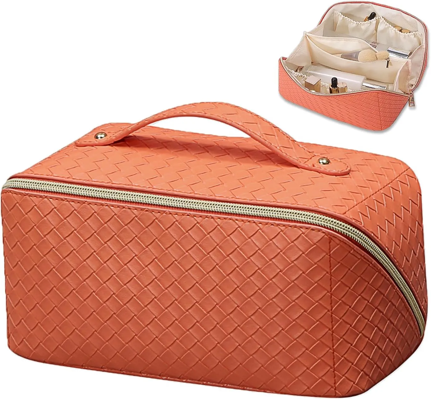 Large Capacity Travel Cosmetic Bag with Compartment - Waterproof PU Leather Portable Checkered Makeup Organizer Bag for Women and Girls - Orange