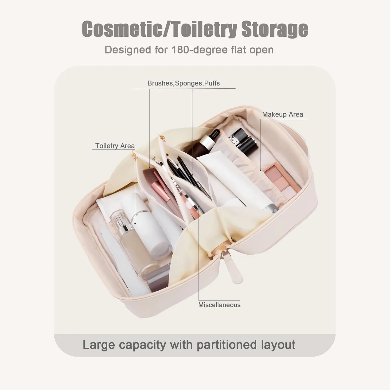 Large Capacity Travel Makeup Bag with Brush Holders and Separate Jewelry Storage, Waterproof PU Leather Toiletry Bag Gift for Women Girls, Portable Open Flat Cosmetic Organizer (White)